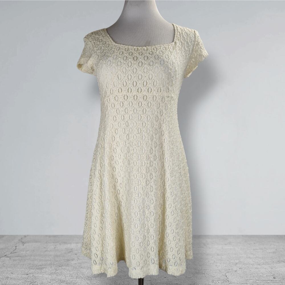 Vintage 90s Ivory Stretch Lace Mini Dress Square Neck Bridal Coquette
